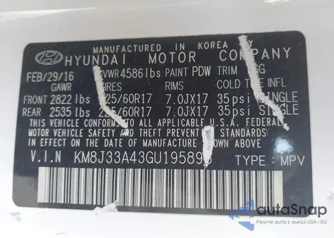 2016 Hyundai Tucson Se z USA, uszkodzony, nr VIN KM8J33A43GU195895